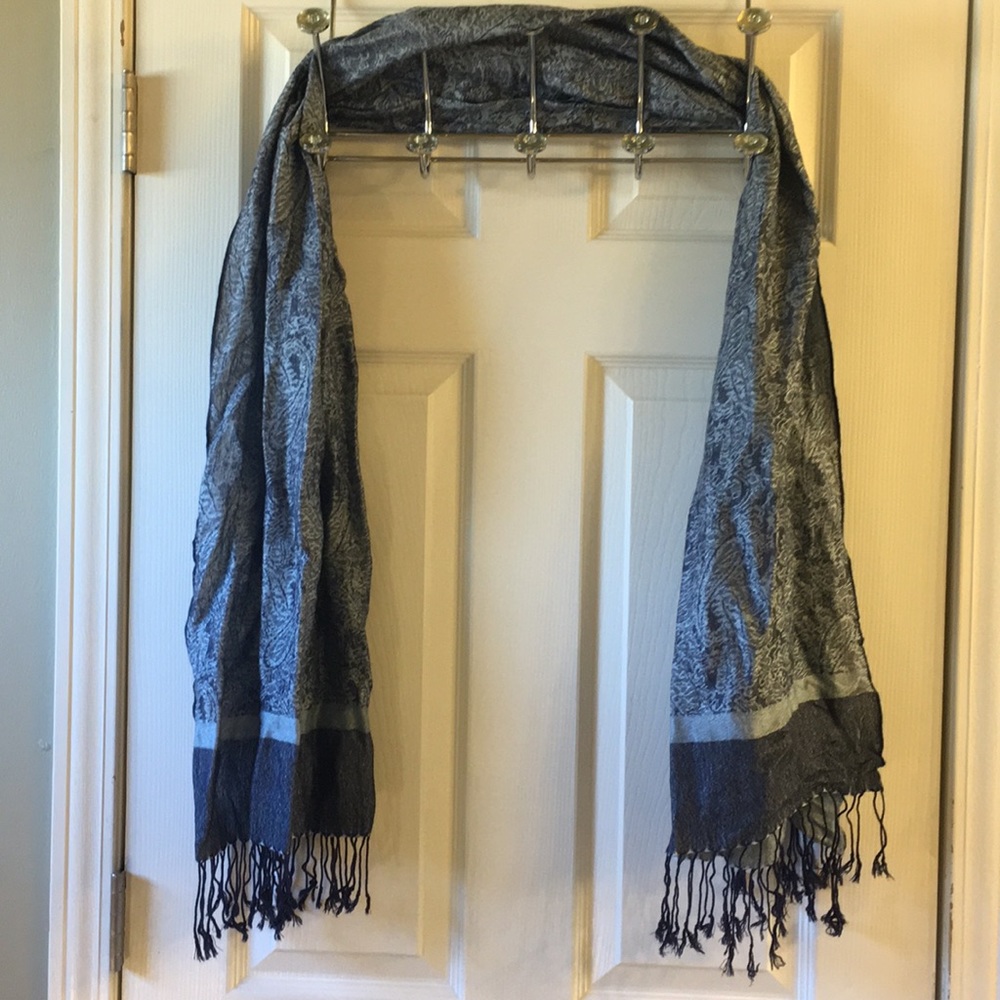 Blue scarf with fringe on ends